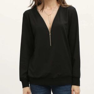 Black Zipper VNeck Longsleeve Top